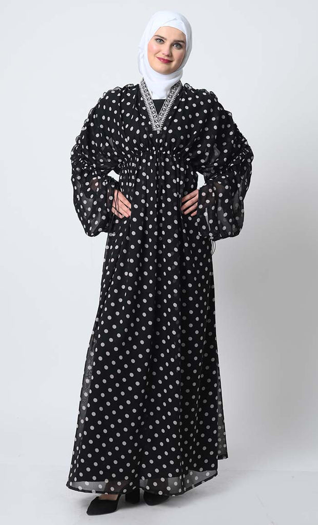 Printed Georgette Abaya Dress – Satin Lined, Elastic Waist, Bishop Sleeves - EastEssence.com