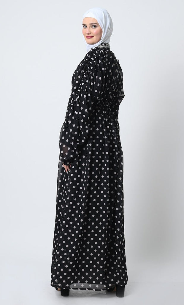 Printed Georgette Abaya Dress – Satin Lined, Elastic Waist, Bishop Sleeves - EastEssence.com