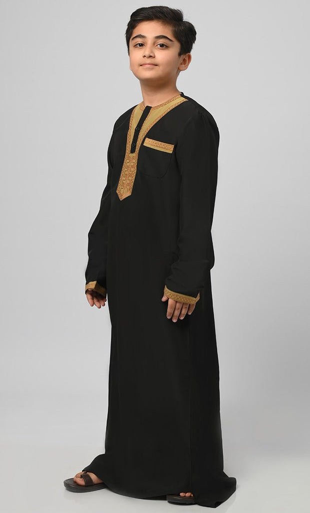 Rashid Boys Muslim Golden Embroidered Detailing Thobe - EastEssence.com