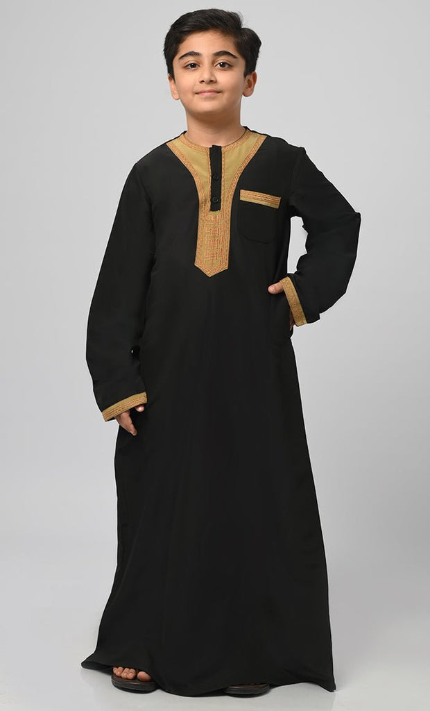 Rashid Boys Muslim Golden Embroidered Detailing Thobe - EastEssence.com