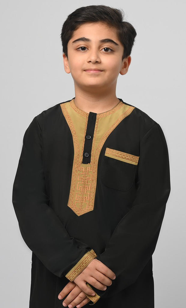 Rashid Boys Muslim Golden Embroidered Detailing Thobe - EastEssence.com