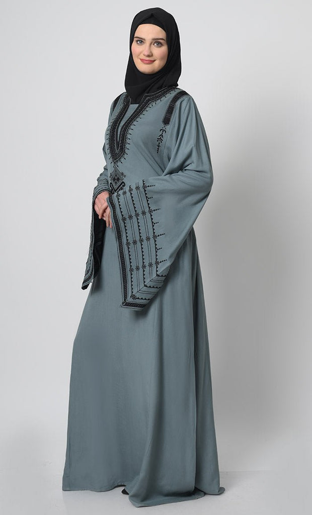 Rayon Abaya with Fine Thread Embroidery and Bell Sleeves - EastEssence.com