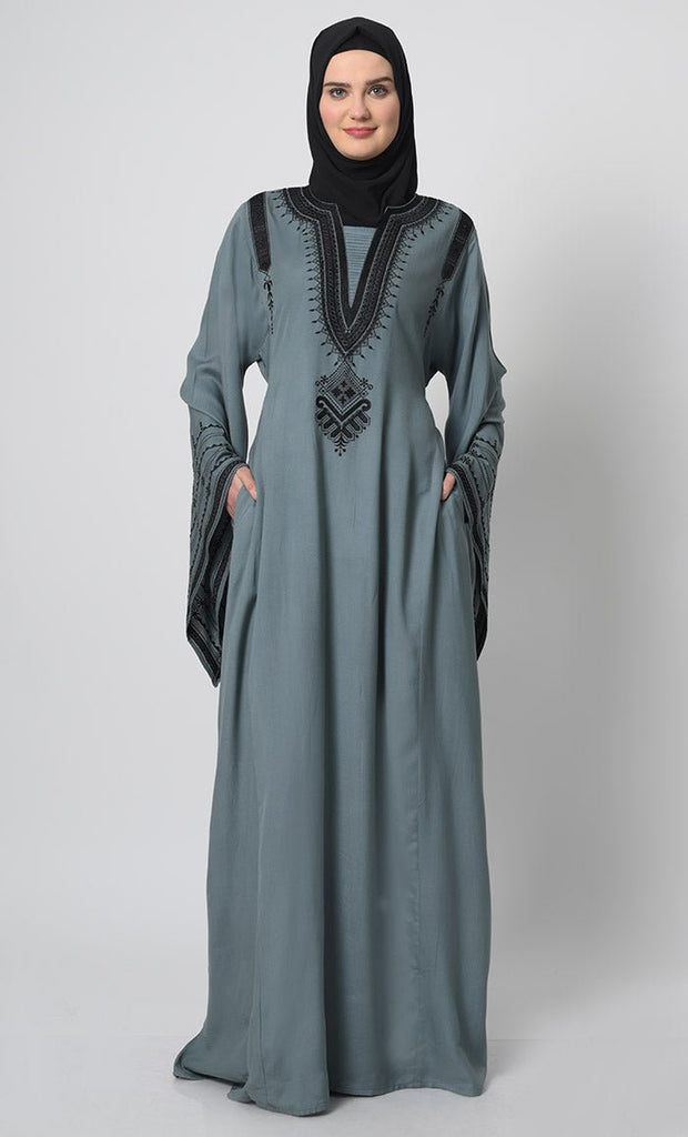 Rayon Abaya with Fine Thread Embroidery and Bell Sleeves - EastEssence.com