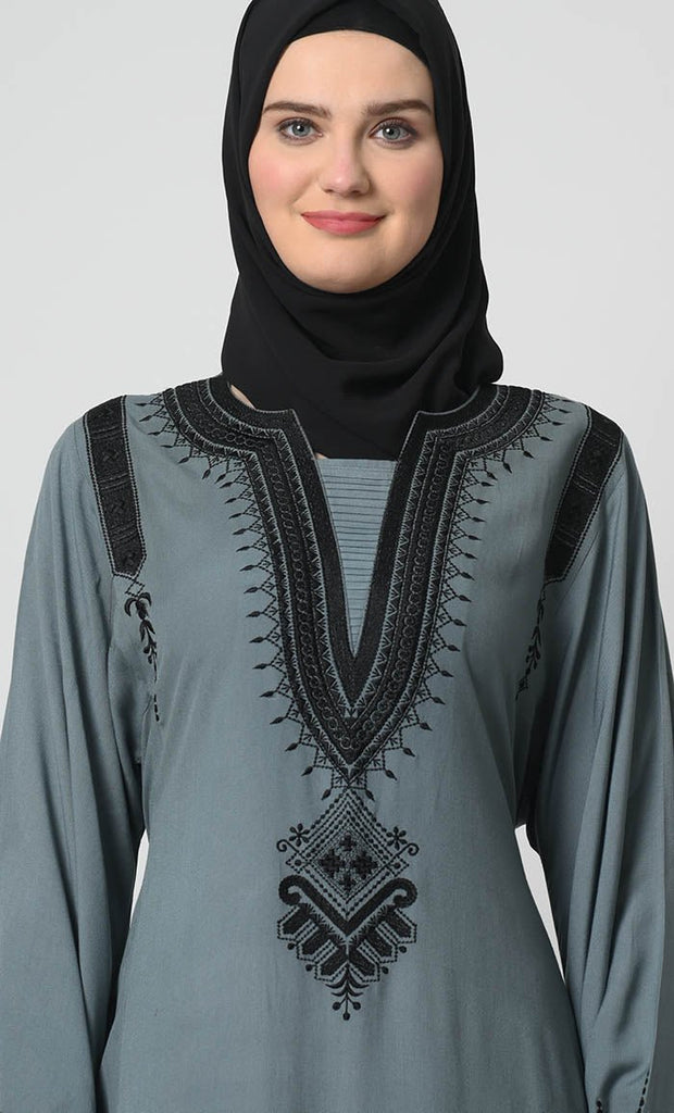 Rayon Abaya with Fine Thread Embroidery and Bell Sleeves - EastEssence.com