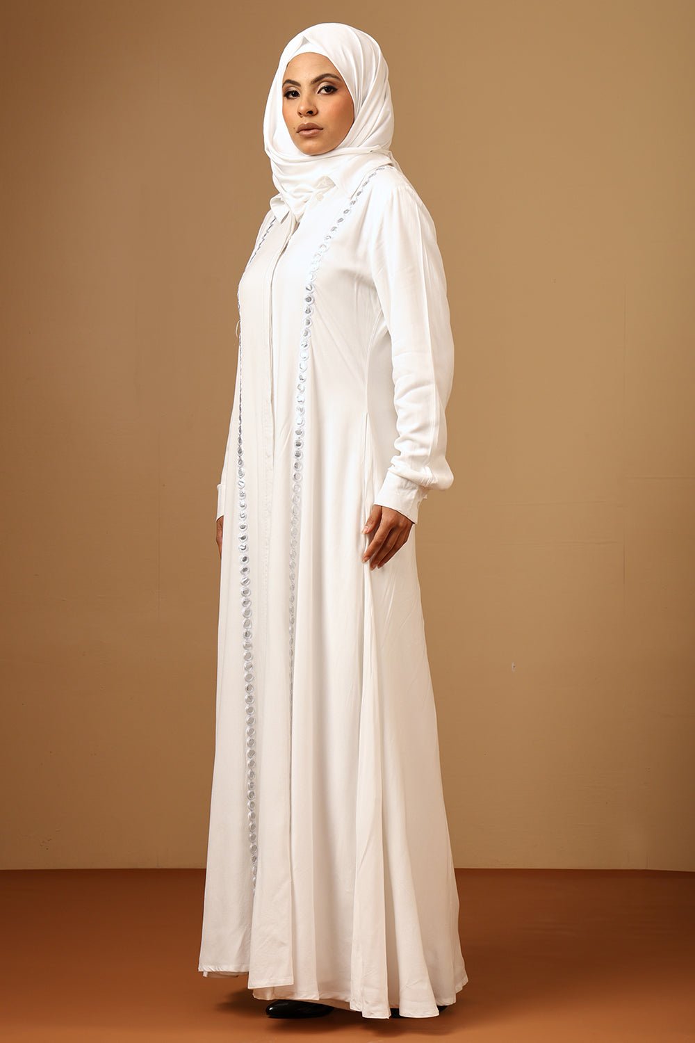 Rayon Button - Down Abaya with Mirror Embroidery - EastEssence.com