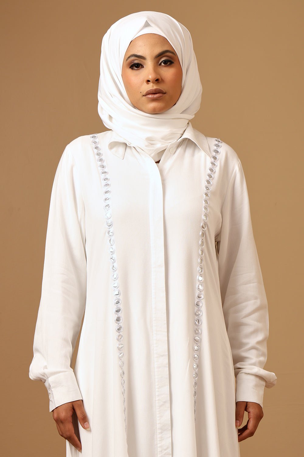 Rayon Button - Down Abaya with Mirror Embroidery - EastEssence.com
