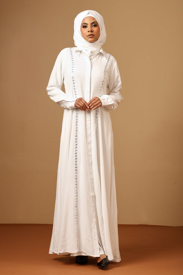 Rayon Button - Down Abaya with Mirror Embroidery - EastEssence.com