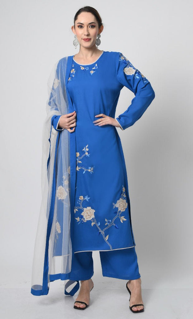 Rayon Eid Dress – Multicolor Embroidery on Kameez, Net Dupatta - EastEssence.com