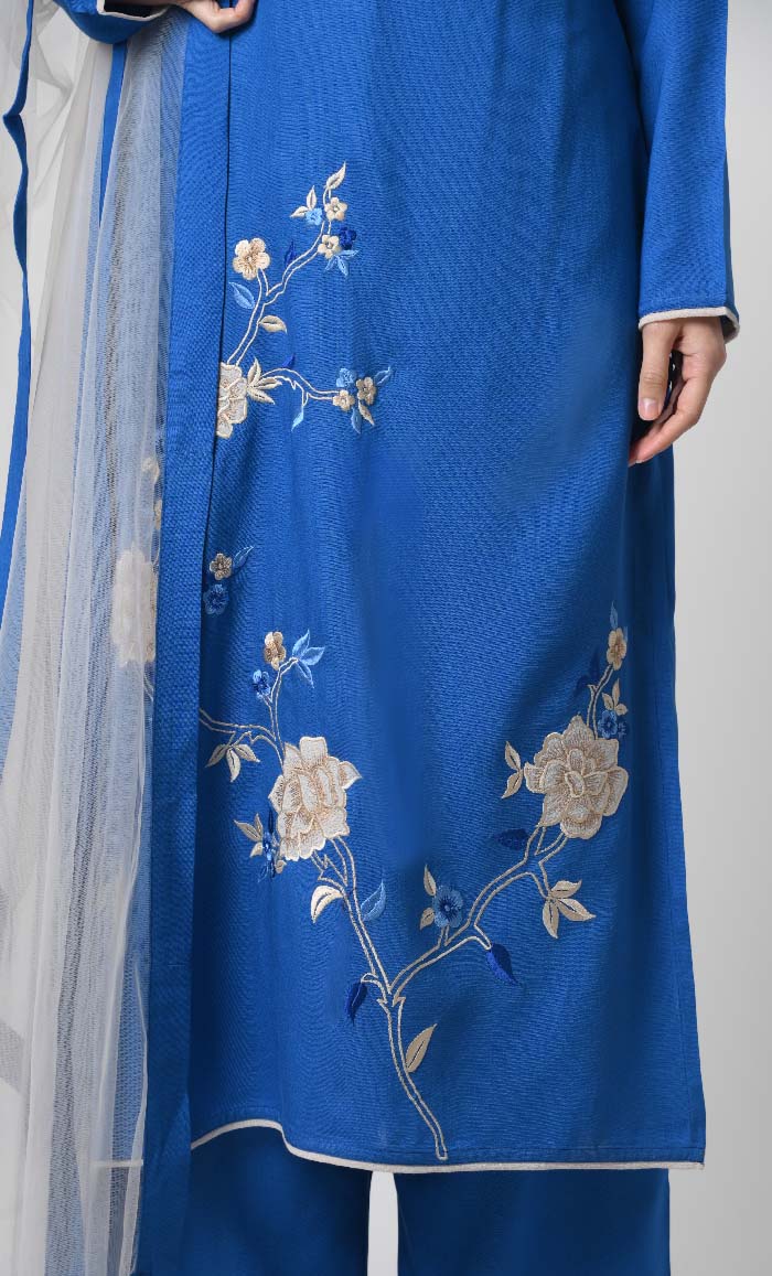 Rayon Eid Dress – Multicolor Embroidery on Kameez, Net Dupatta - EastEssence.com