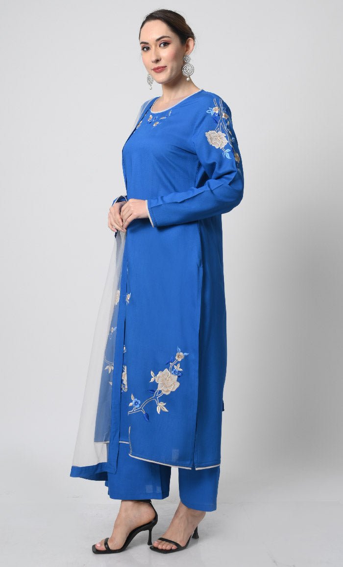 Rayon Eid Dress – Multicolor Embroidery on Kameez, Net Dupatta - EastEssence.com