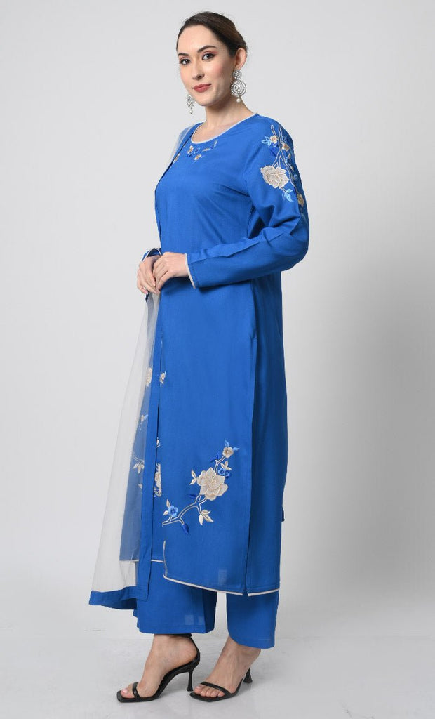 Rayon Eid Dress – Multicolor Embroidery on Kameez, Net Dupatta - EastEssence.com