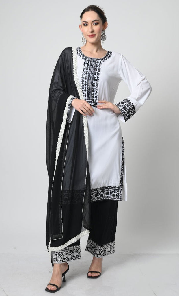 Rayon Eid Dress Set – Embroidered Kameez, Pant, and Net Shawl - EastEssence.com