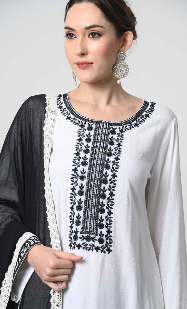 Rayon Eid Dress Set – Embroidered Kameez, Pant, and Net Shawl - EastEssence.com