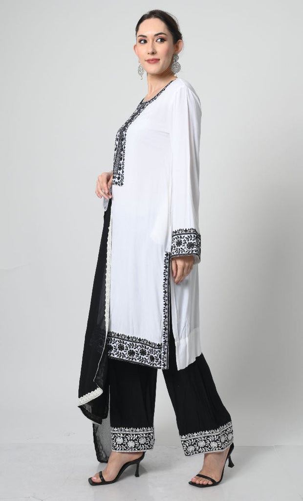 Rayon Eid Dress Set – Embroidered Kameez, Pant, and Net Shawl - EastEssence.com