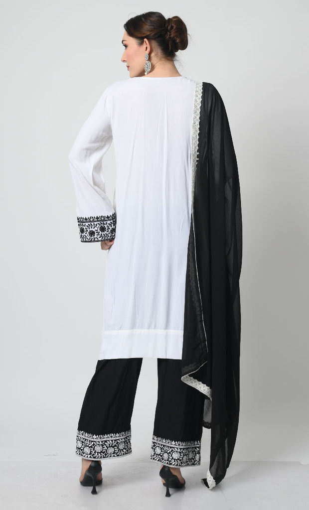 Rayon Eid Dress Set – Embroidered Kameez, Pant, and Net Shawl - EastEssence.com