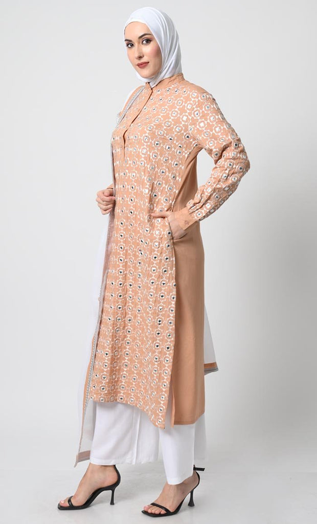 Rayon Eid Partywear – Mirror Work Kameez, Pant, and Chiffon Shawl - EastEssence.com