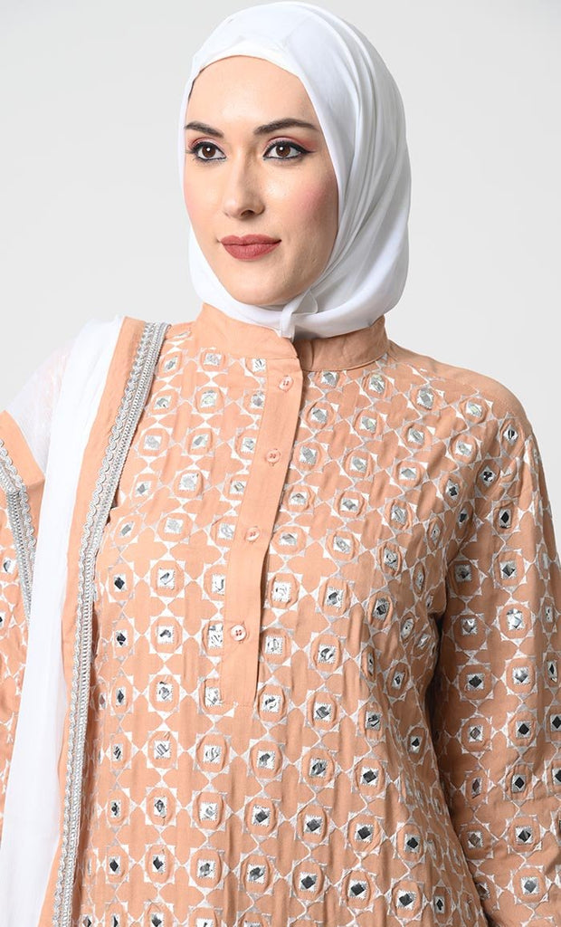 Rayon Eid Partywear – Mirror Work Kameez, Pant, and Chiffon Shawl - EastEssence.com