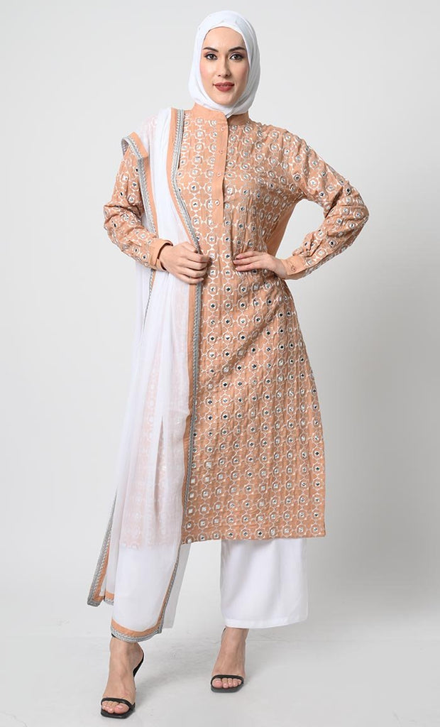 Rayon Eid Partywear – Mirror Work Kameez, Pant, and Chiffon Shawl - EastEssence.com