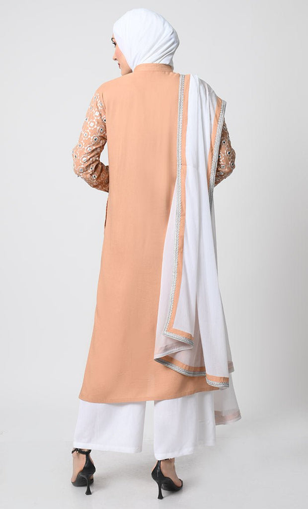 Rayon Eid Partywear – Mirror Work Kameez, Pant, and Chiffon Shawl - EastEssence.com