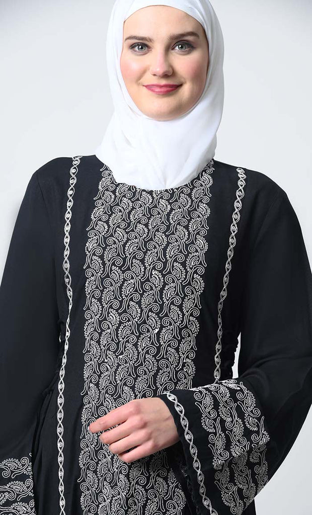 Rayon Embroidered Abaya Dress – Bell Sleeves, Adjustable Waist Strings - EastEssence.com