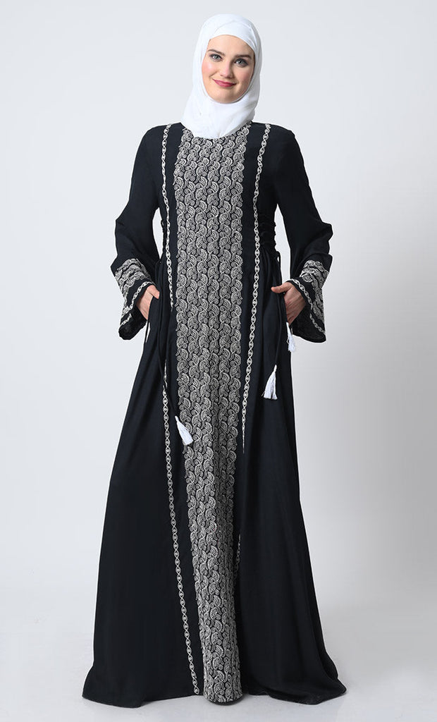 Rayon Embroidered Abaya Dress – Bell Sleeves, Adjustable Waist Strings - EastEssence.com