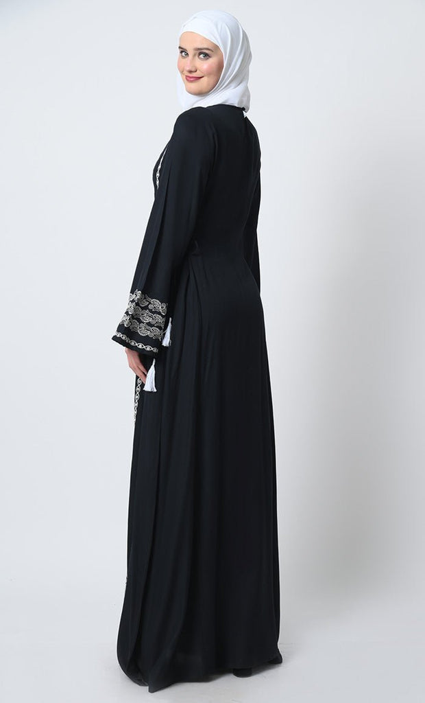 Rayon Embroidered Abaya Dress – Bell Sleeves, Adjustable Waist Strings - EastEssence.com