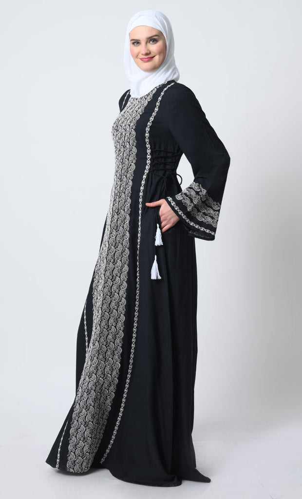 Rayon Embroidered Abaya Dress – Bell Sleeves, Adjustable Waist Strings - EastEssence.com