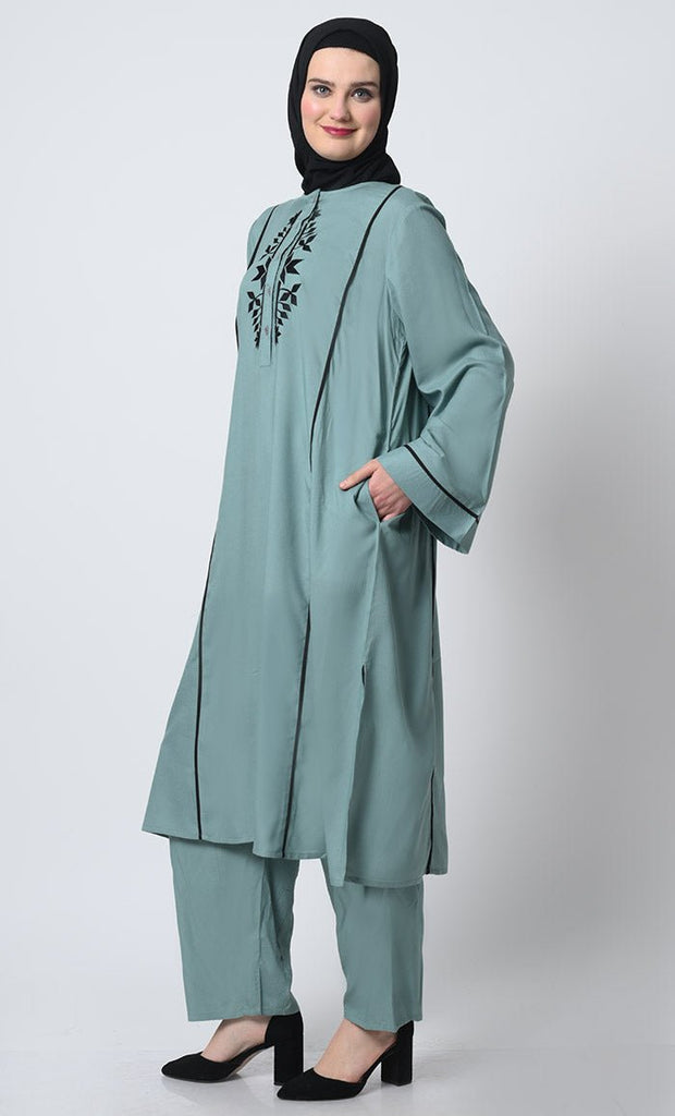 Rayon Fabric Bell Sleeves Round Neck Kameez Pant Set - EastEssence.com