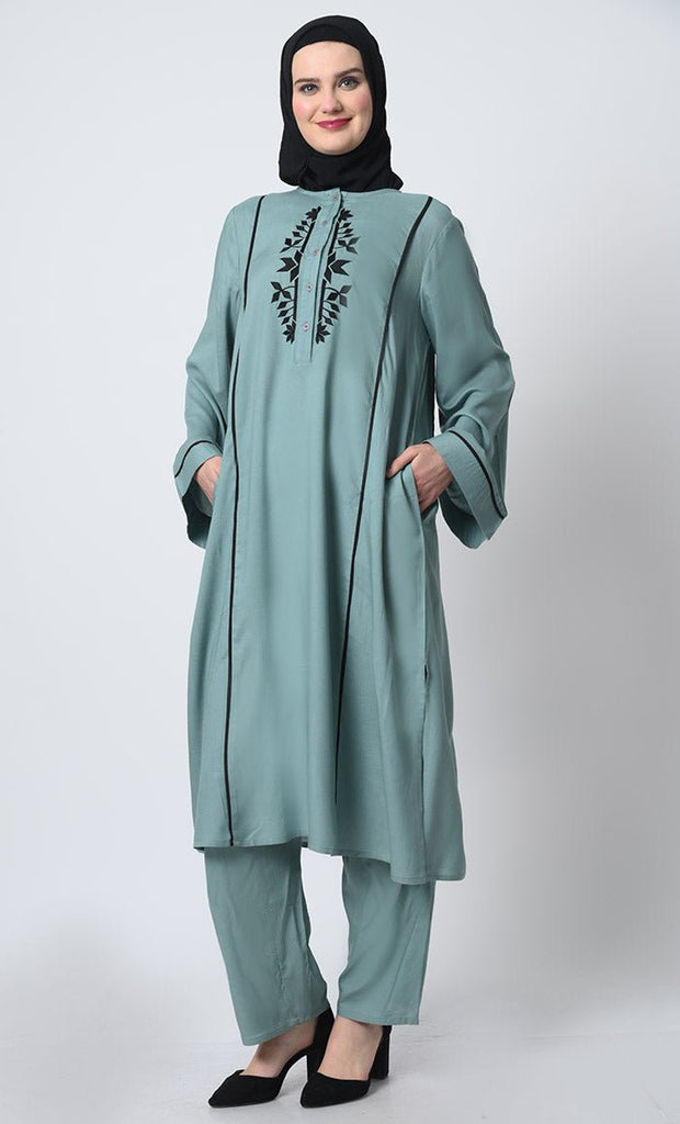 Rayon Fabric Bell Sleeves Round Neck Kameez Pant Set - EastEssence.com