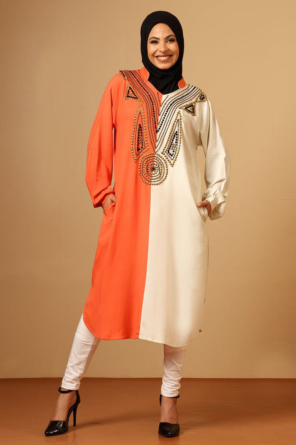 Rayon Full Sleeves Hand - Embroidered Color Block Tunic - EastEssence.com