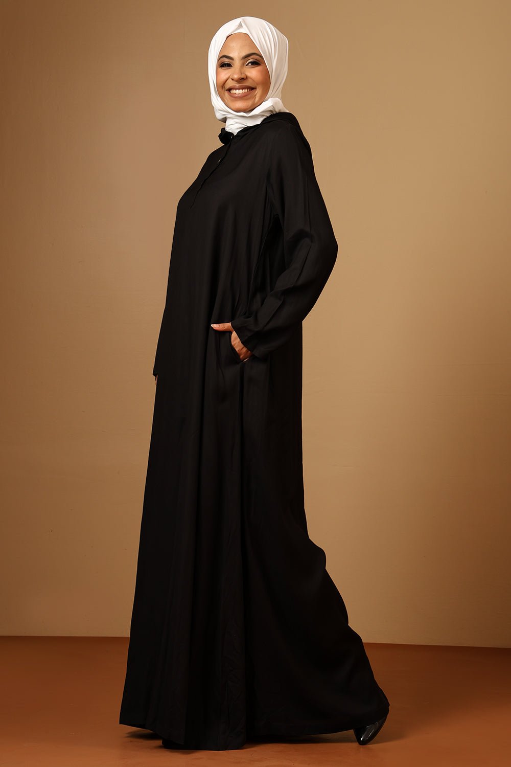Rayon Hooded Abaya with Front Placket Buttons & Pleated Waist - EastEssence.com