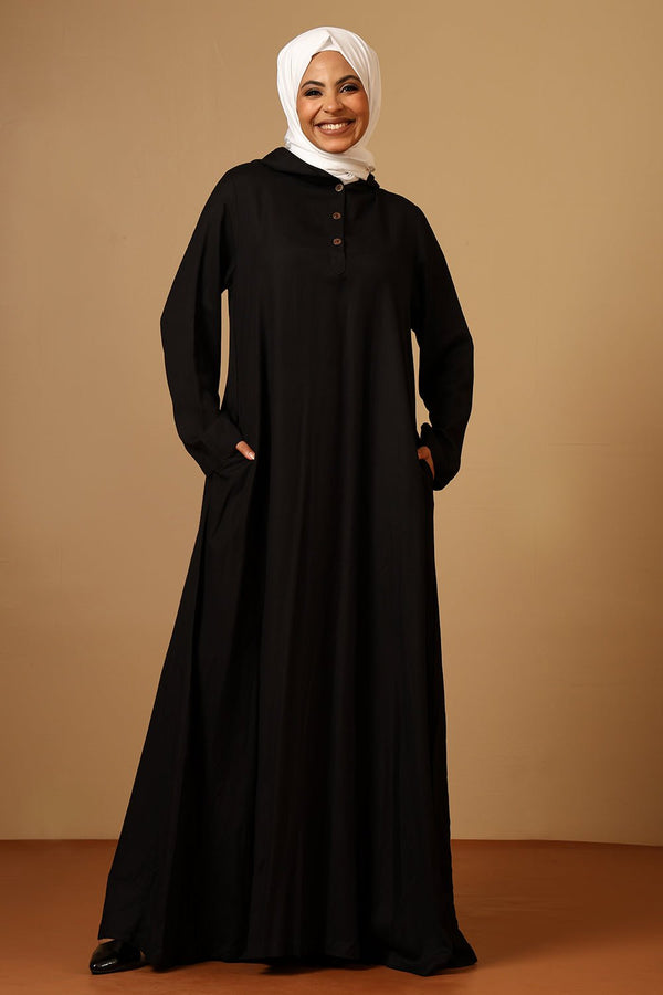 Rayon Hooded Abaya with Front Placket Buttons & Pleated Waist - EastEssence.com