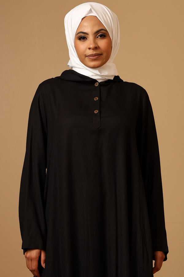 Rayon Hooded Abaya with Front Placket Buttons & Pleated Waist - EastEssence.com