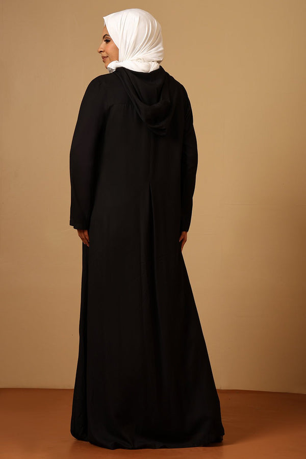 Rayon Hooded Abaya with Front Placket Buttons & Pleated Waist - EastEssence.com