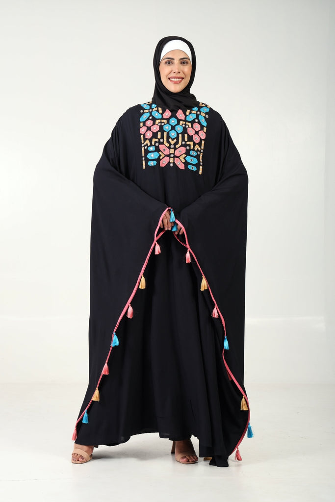 Rayon Kaftan Abaya Dress with Geometric Embroidery - EastEssence.com