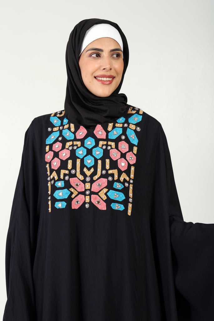 Rayon Kaftan Abaya Dress with Geometric Embroidery - EastEssence.com