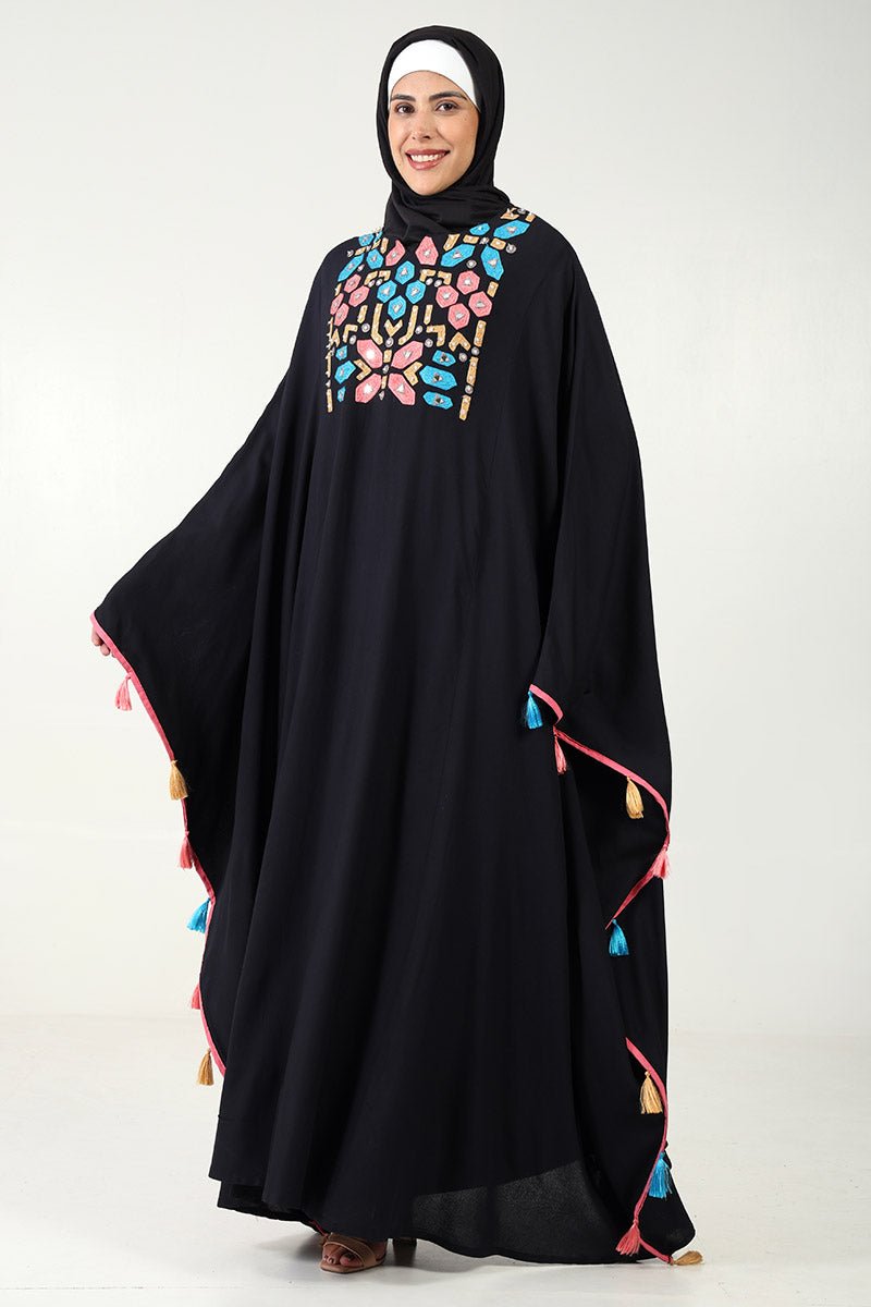 Rayon Kaftan Abaya Dress with Geometric Embroidery - EastEssence.com