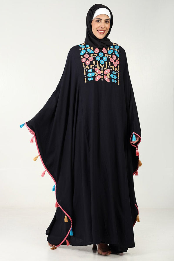 Rayon Kaftan Abaya Dress with Geometric Embroidery - EastEssence.com
