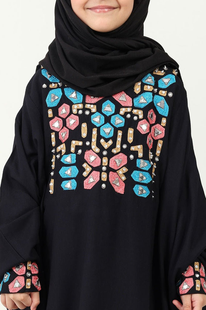 Rayon Kaftan Abaya Dress with Geometric Embroidery for girls - Black - EastEssence.com