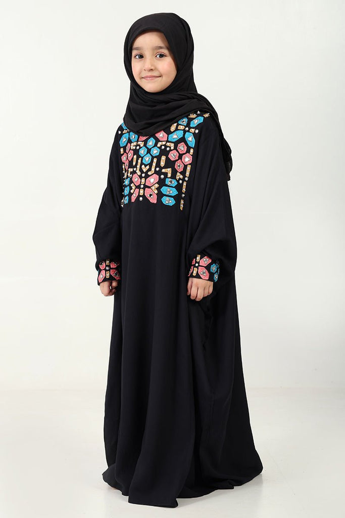 Rayon Kaftan Abaya Dress with Geometric Embroidery for girls - Black - EastEssence.com