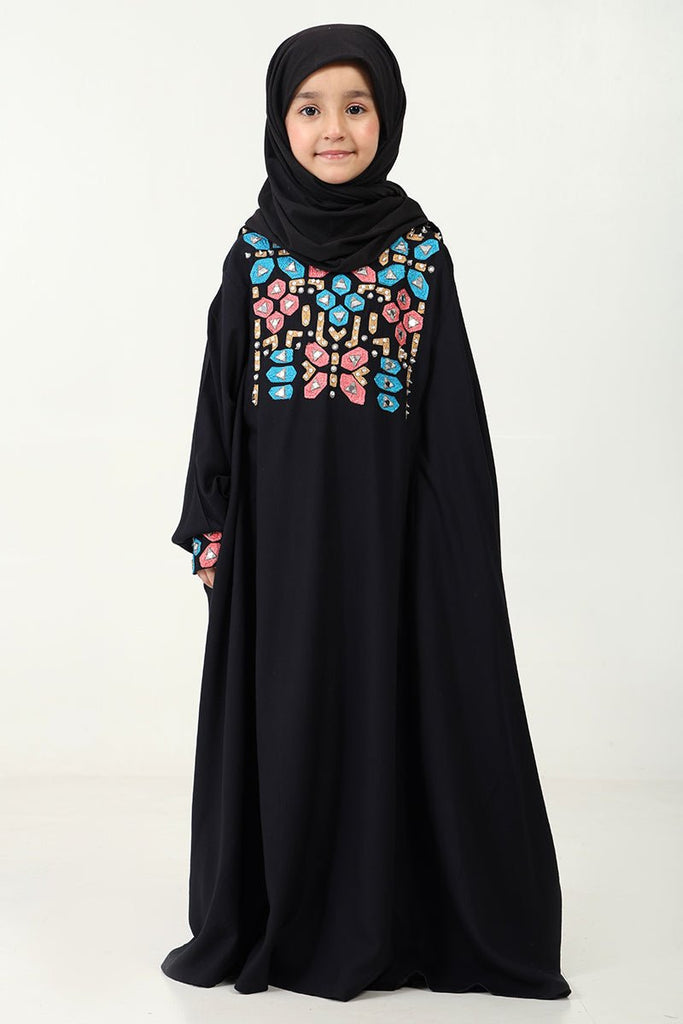 Rayon Kaftan Abaya Dress with Geometric Embroidery for girls - Black - EastEssence.com