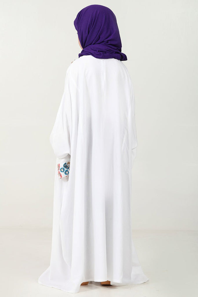 Rayon Kaftan Abaya Dress with Geometric Embroidery for girls - White - EastEssence.com