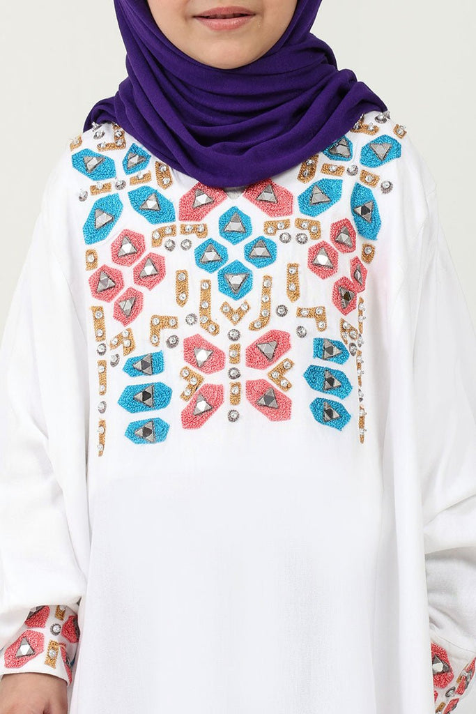 Rayon Kaftan Abaya Dress with Geometric Embroidery for girls - White - EastEssence.com