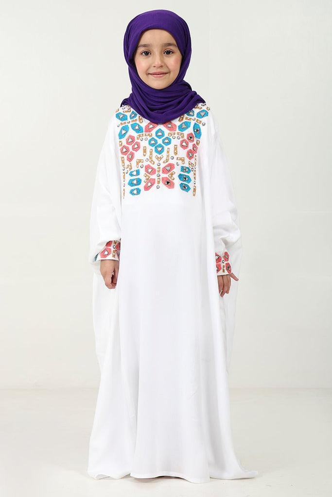 Rayon Kaftan Abaya Dress with Geometric Embroidery for girls - White - EastEssence.com