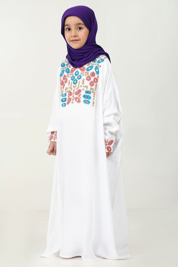 Rayon Kaftan Abaya Dress with Geometric Embroidery for girls - White - EastEssence.com