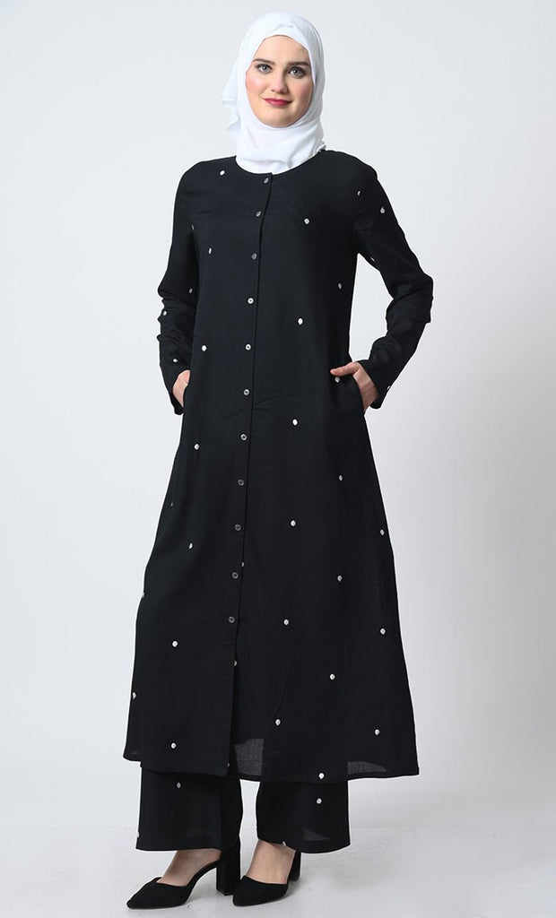 Rayon Kameez and Pant Set – Dot Embroidery, Front Button Open, Dual Pockets - EastEssence.com