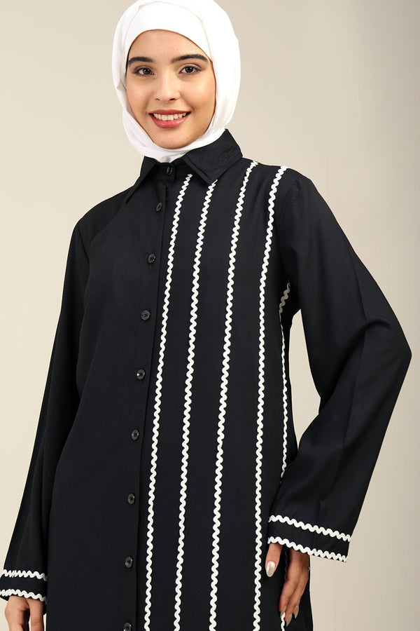 Rayon Lace Detailed Abaya with Shirt Collar - EastEssence.com