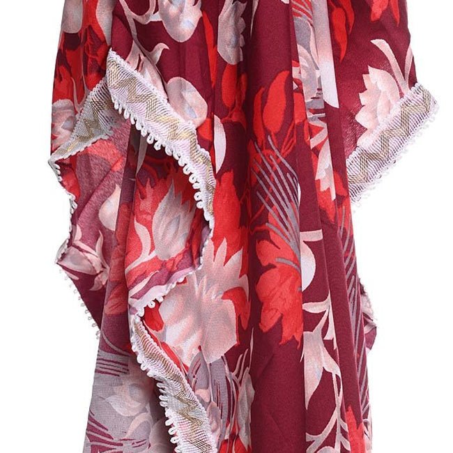 Red Beautiful Floral Printed Hijab With Intricate Lace