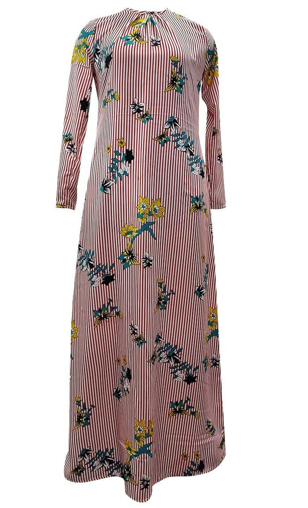 Red Stripe Printed Abaya With Pockets - Final Sale - EastEssence.com