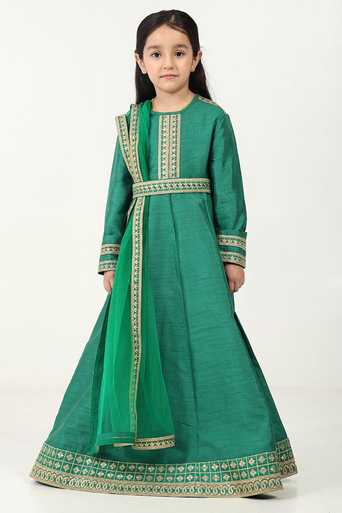 Regal Dupion Silk Anarkali Dress with Zari Embroidery - Green - EastEssence.com